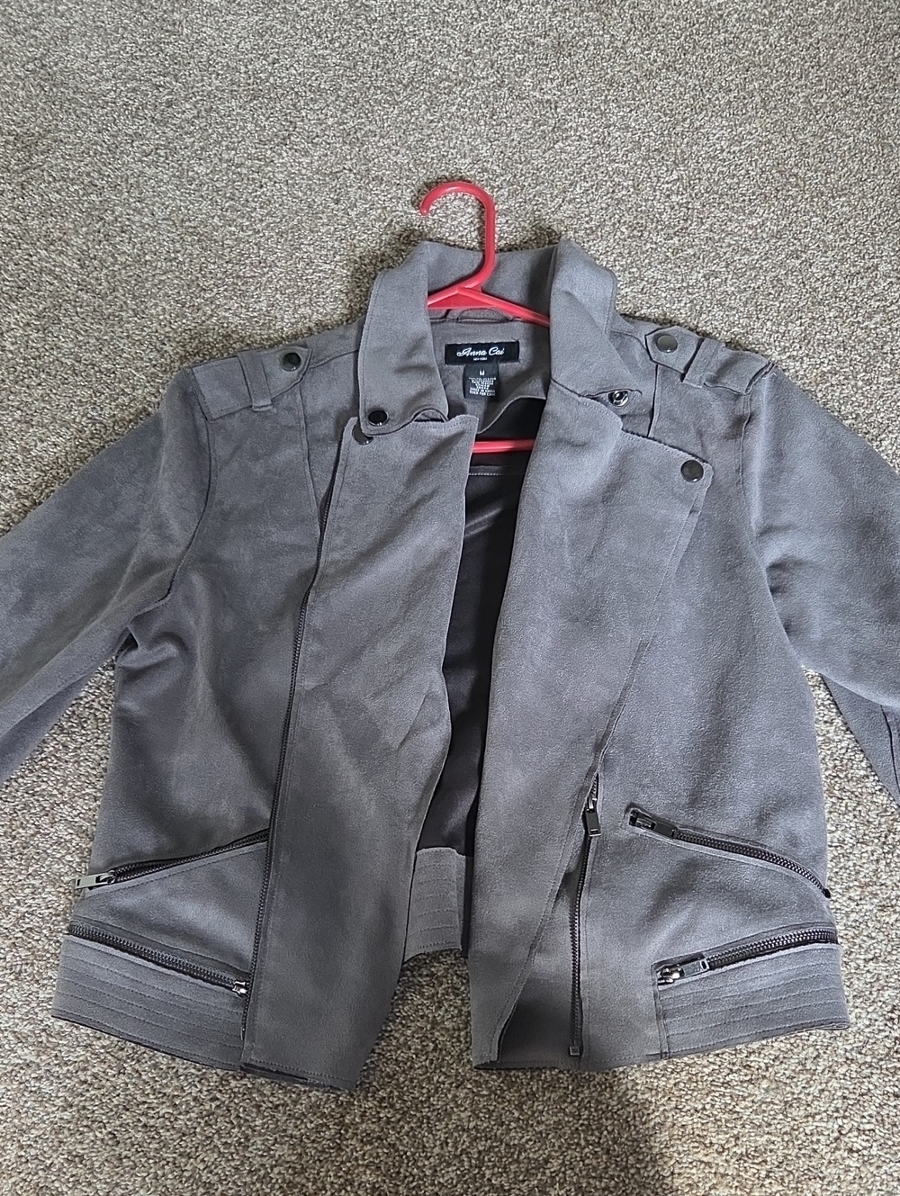 Anna Cai Gray Suede-Effect Moto Bomber Jacket
